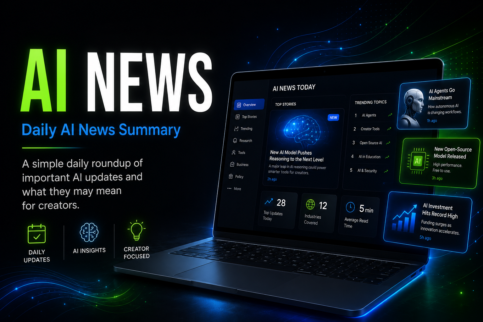 AI news dashboard with glowing accents