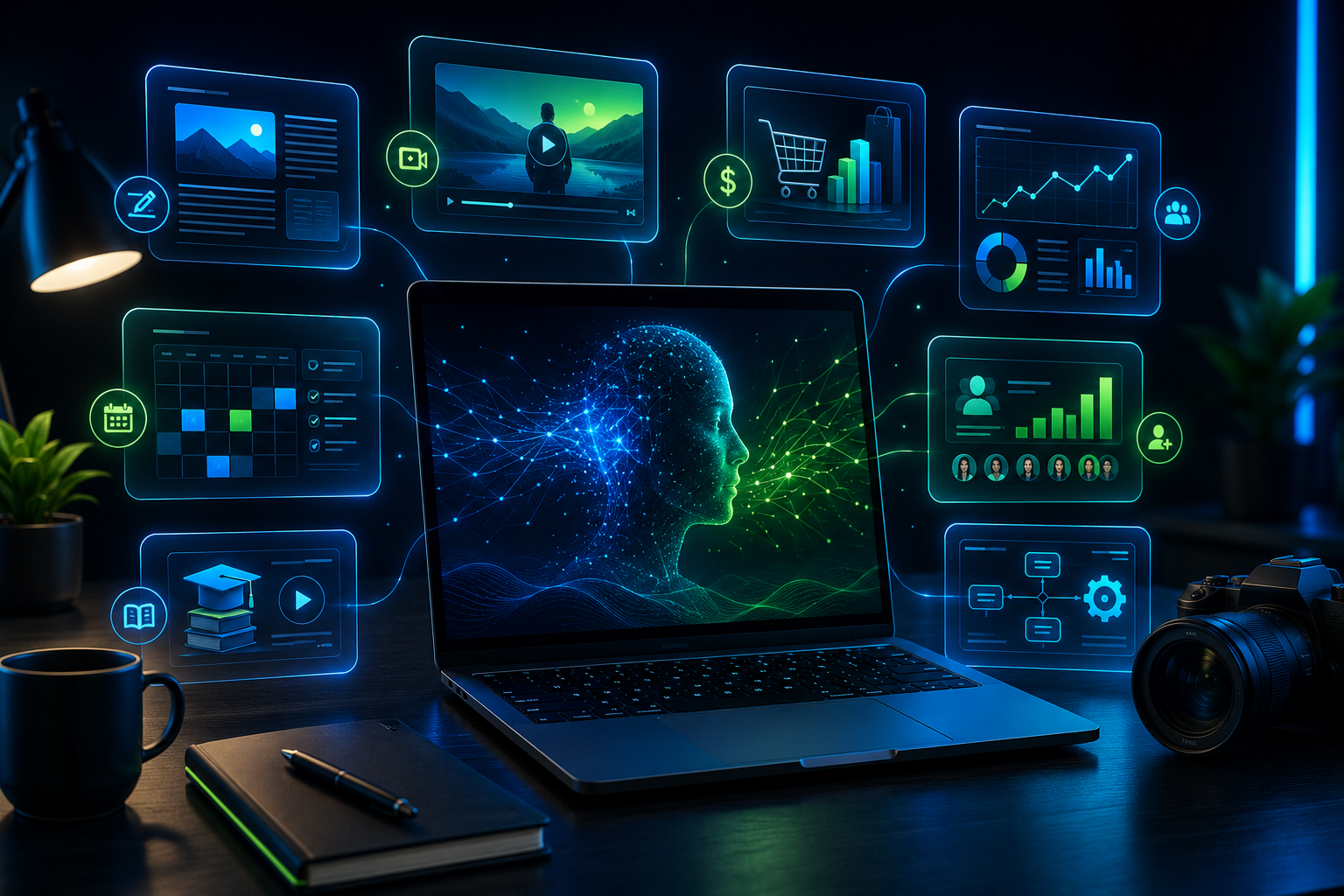 Futuristic AI workspace with holographic dashboard